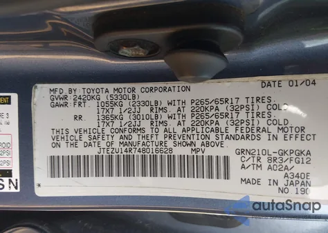 2004 Toyota 4Runner Sr5 V6 z USA, uszkodzony, nr VIN JTEZU14R748016628